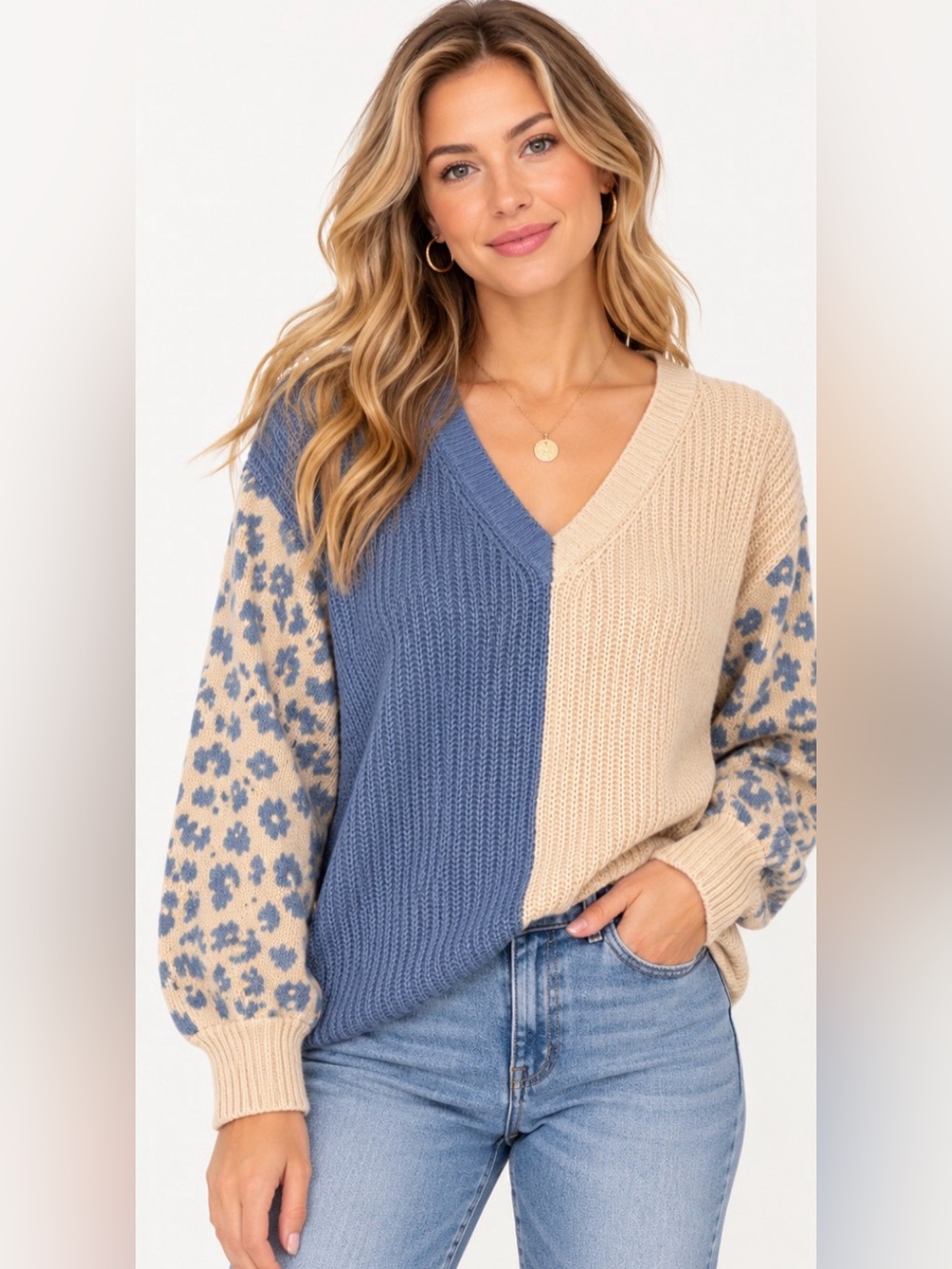 Jun & Ivy Colorblock Leopard Sleeve Knit Sweater Blue Tan Size Small